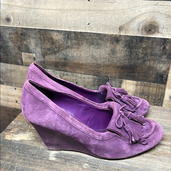 Coach Terri Purple Suede Womens Size 8.5 B Tasseled Kiltie Wedge Heel Shoes - Picture 4 of 7
